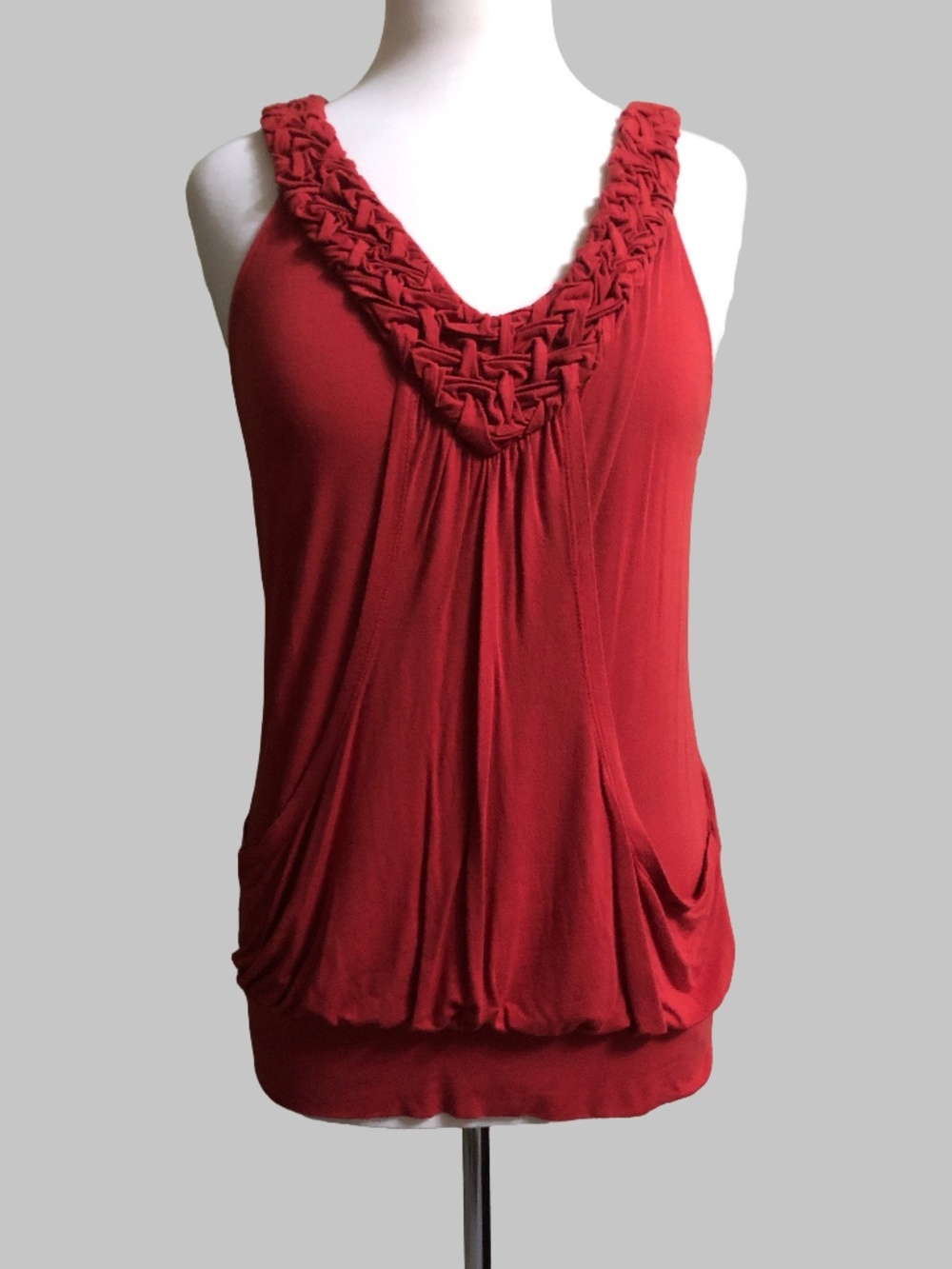Anne Klein Red Braided V-Neck Draped Top with Kangaroo Pocket